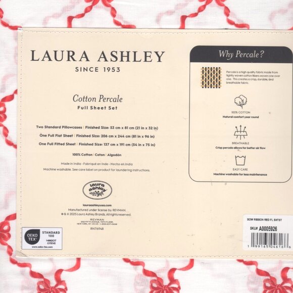NEW Laura Ashley 4-pc Full Size Percale Cotton Sheet Set Red Bow Ribbon - Picture 2 of 3